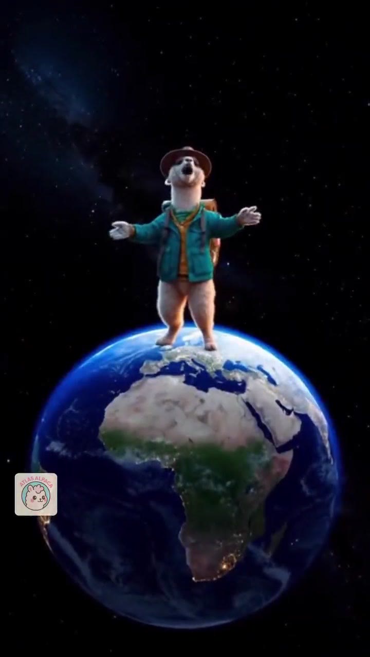 Atlas working montage with a fictional travelling alpaca above a globe